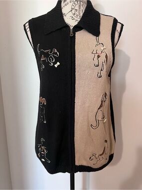 Christopher & Banks Vintage Dog Embroidered Knit Vest Size M Colorblock Zip